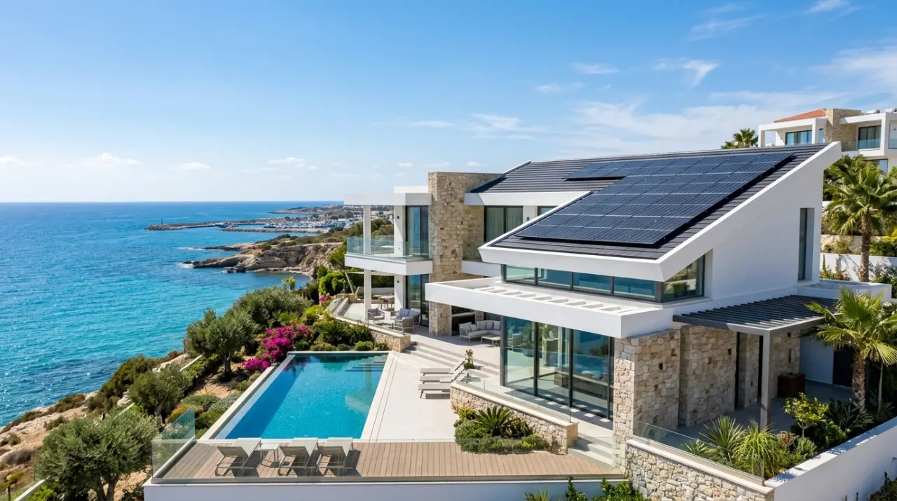 Modern photovoltaic solar panels installed on a luxury villa in Paphos